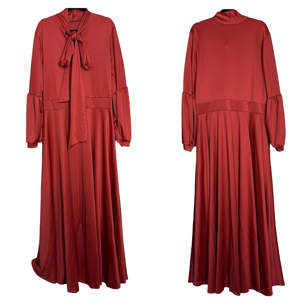Livd Rust Red Modest Long Sleeve Maximalist High Neck Bow Tie Maxi Pocket Dress